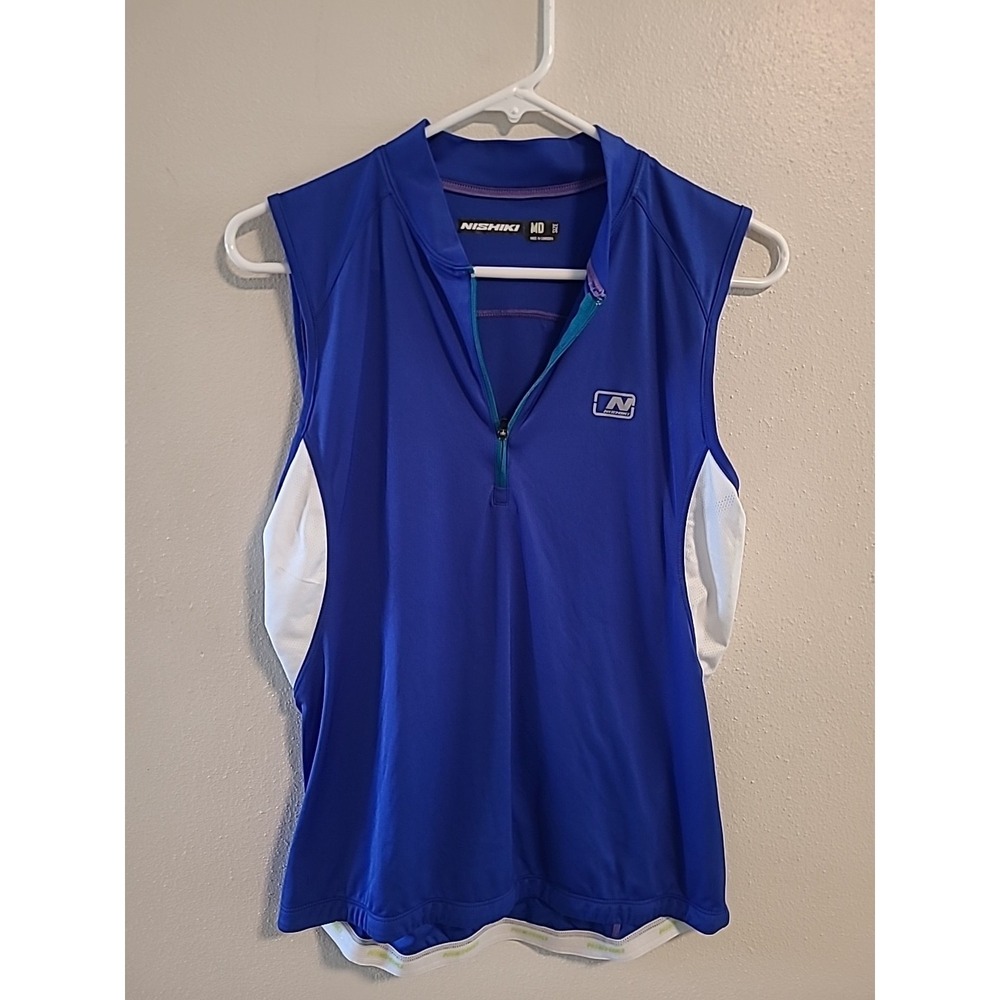 Nishiki Sleeveless Cycling Jersey Shirt Size Med 3 Pockets‎ Back 1/2 Zip Blue